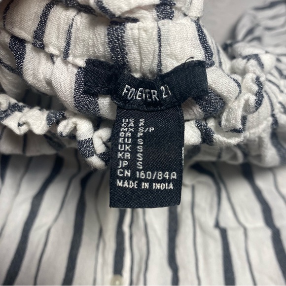 Flouncy Off Shoulder Blue & White Striped Button Down Short Sleeve Blouse Loose - Picture 4 of 8